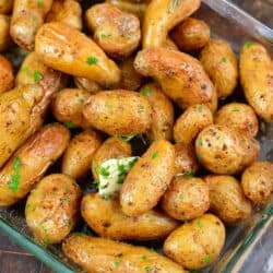 closeup of fingerling potatoes with herbs and butter