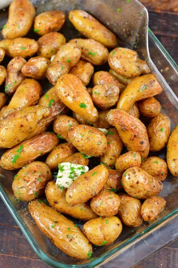 top view of roasted fingerling potatoes in a baking dish
