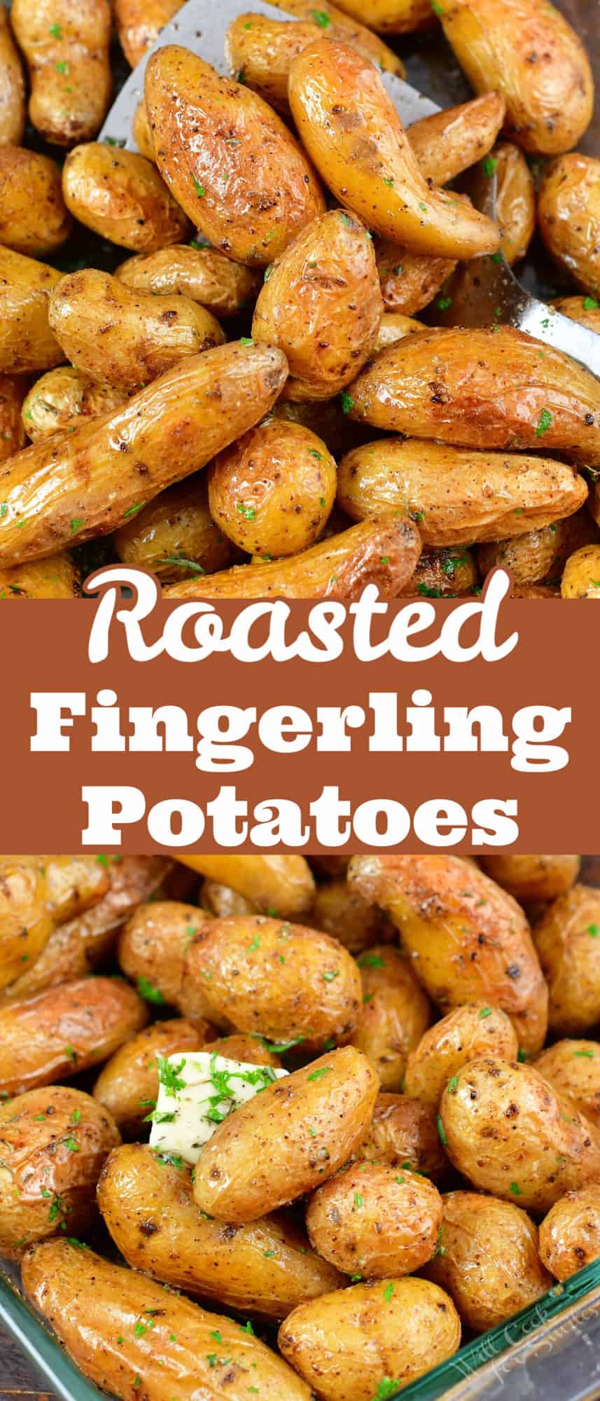 collage of two images of roasted fingerling potatoes with title in the middle