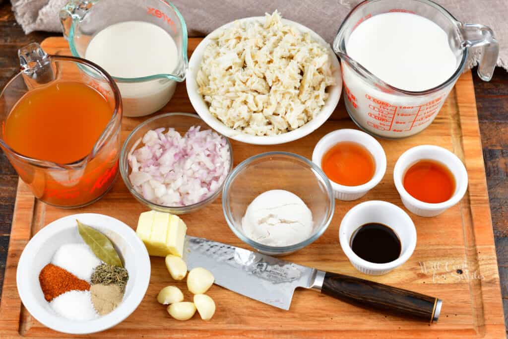 ingredients for crab soup on the cutting board