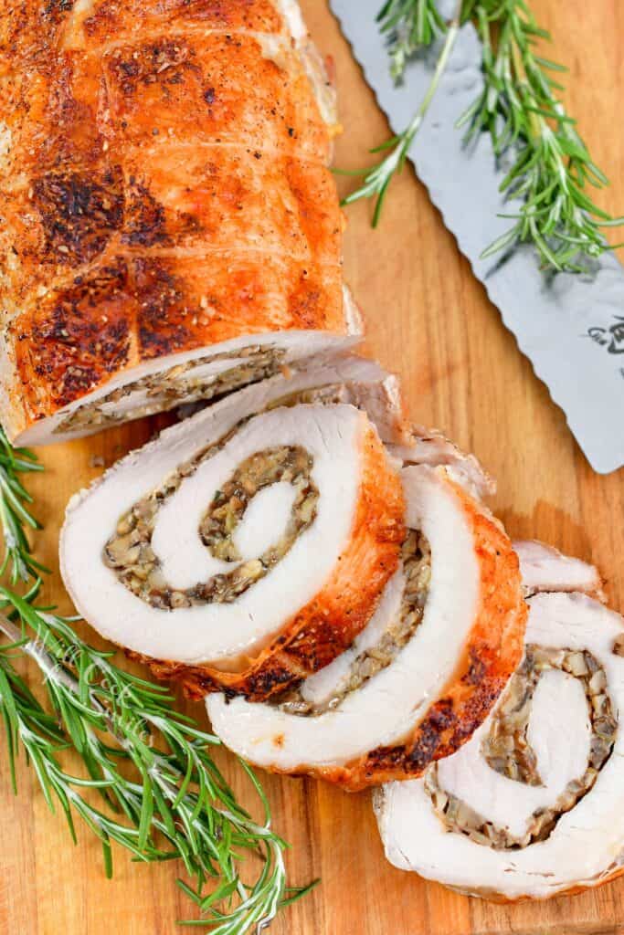 top view of the sliced stuffed pork loin