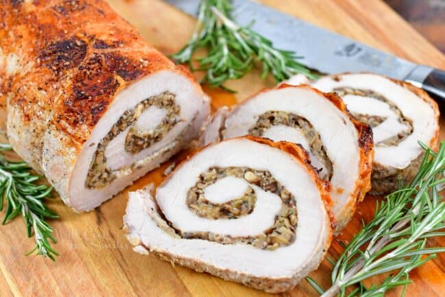 sliced stuffed pork loin close up