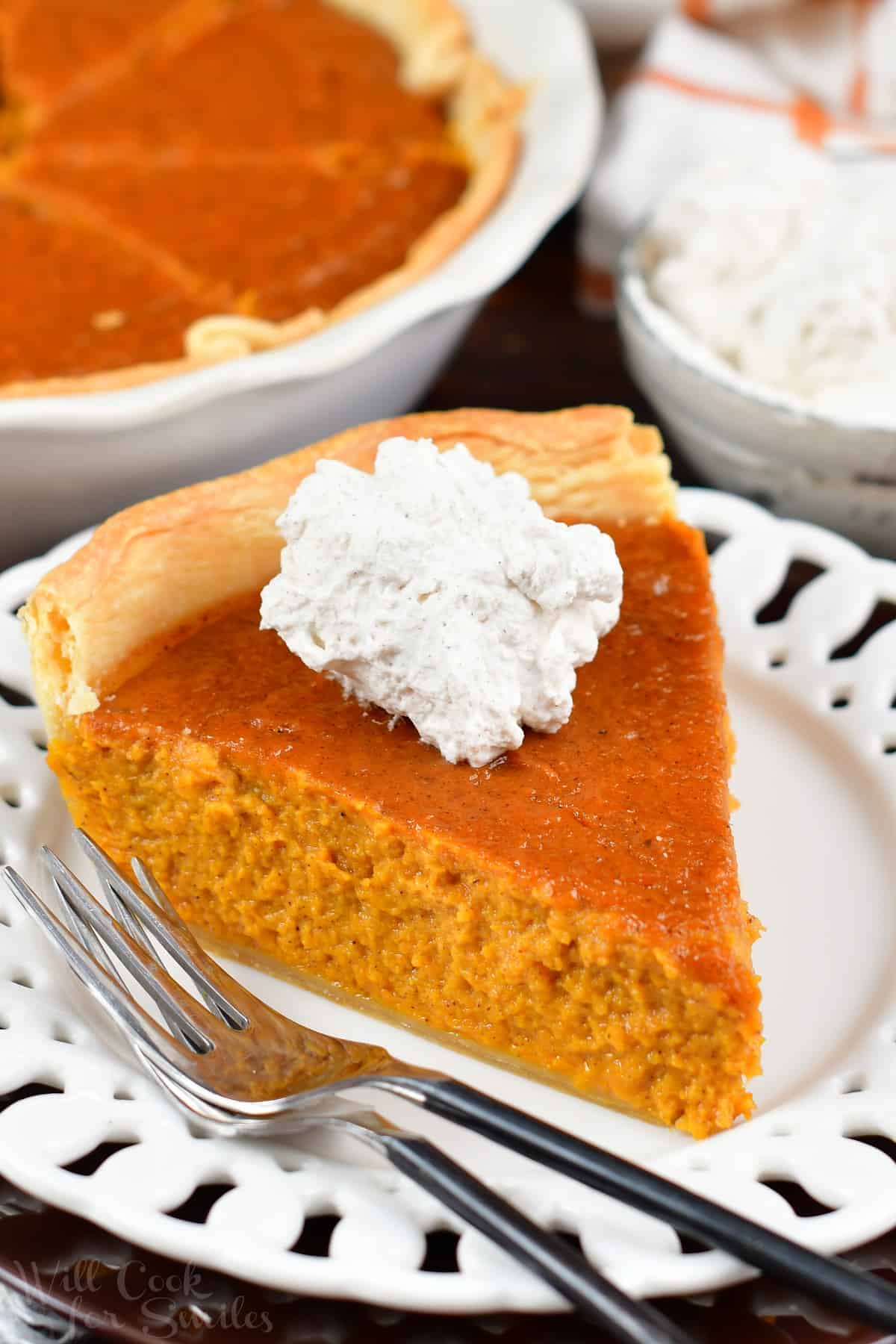 side view of a slice of sweet potato pie