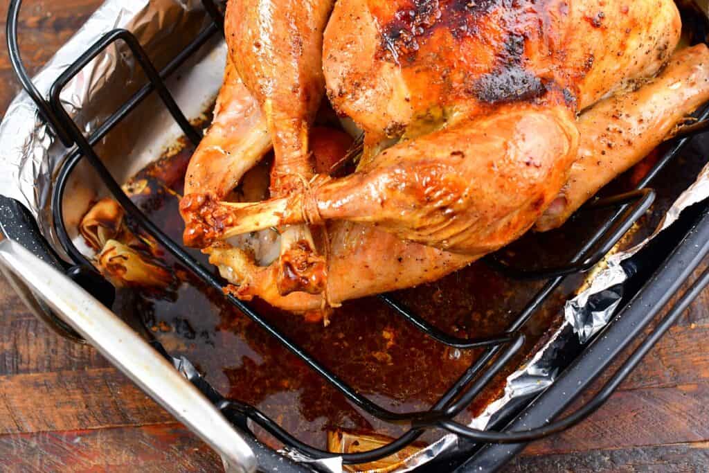 turkey in a roasting pan with pan drippings