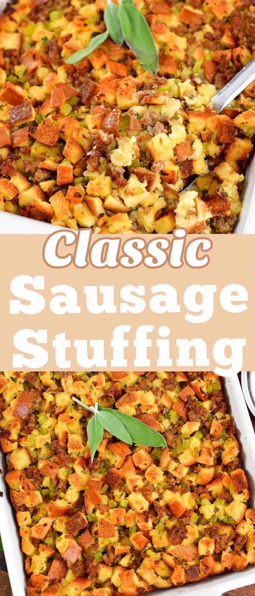 collage of two close-up images of sausage stuffing with title