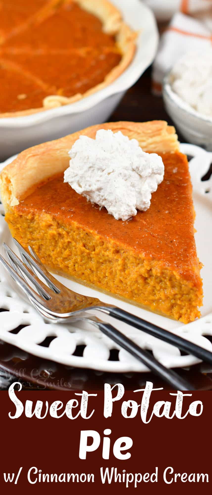 collage of close up of sweet potato pie slice and title