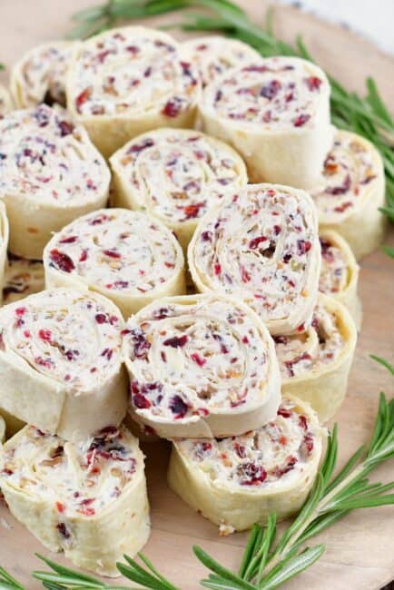 side view of a platter of cream cheese pinwheels