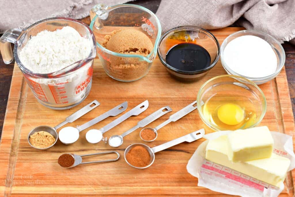 ingredients for gingerbread cookies on the cutting board