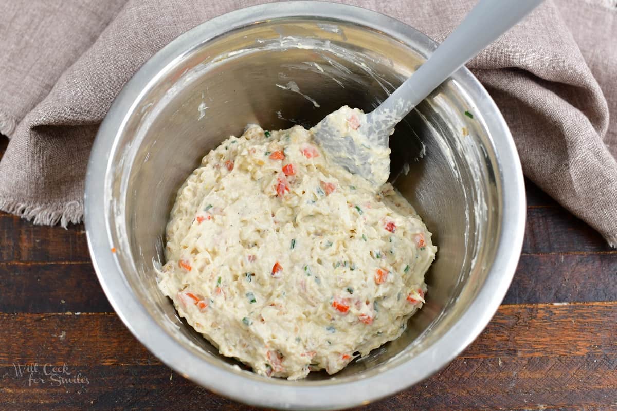mixed crab filling in a mixing bowl