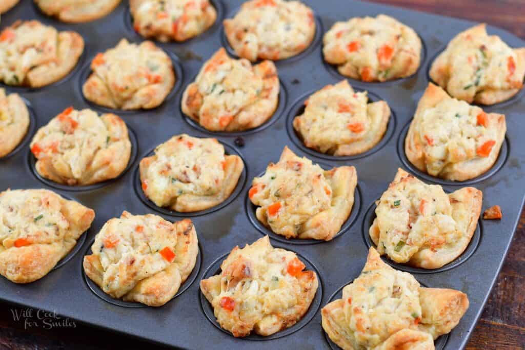 baked crab puffs in a mini muffin baking pan