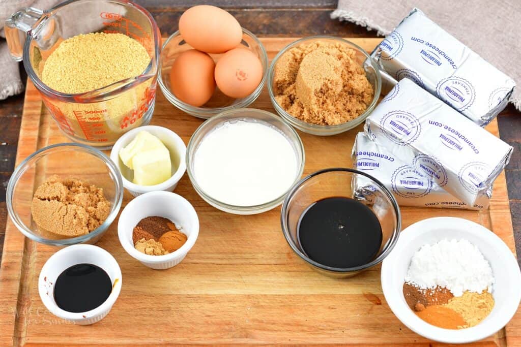 ingredients for gingerbread cheesecake on the cutting board