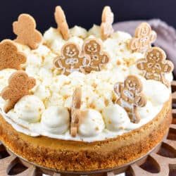 closeup and squared off image of a whole gingerbread cheesecake