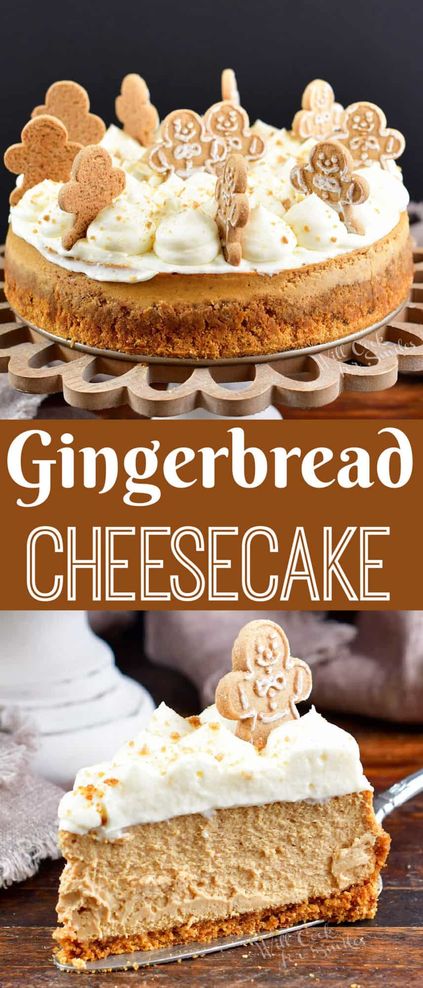 collage of two closeup images of gingerbread cheesecake and title