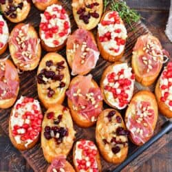 top view of the board filled with holiday crostini