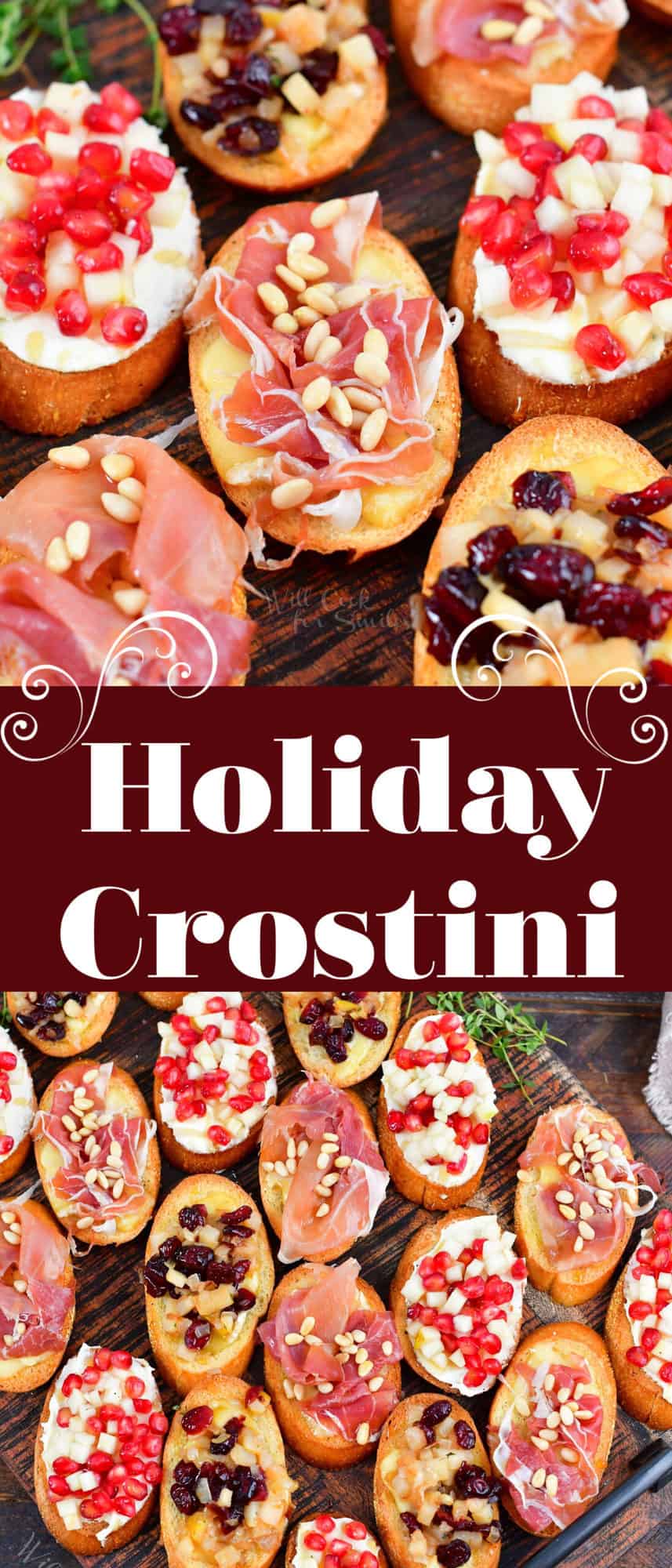 collage of two images of holiday crostini on the cutting board