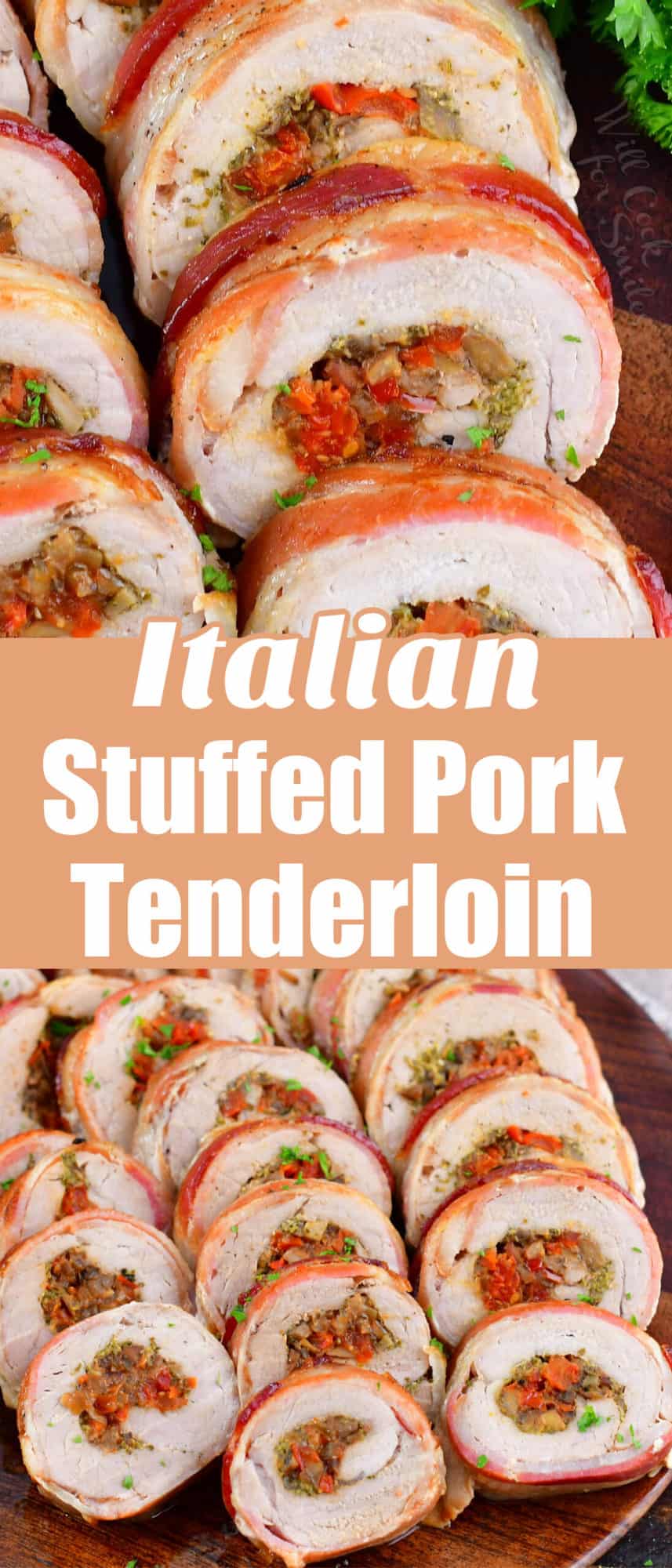 collage of two images of sliced stuffed pork tenderloin on a platter and title