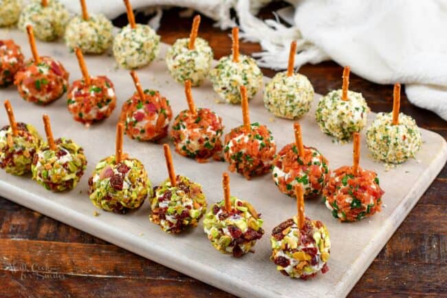 top view of rows of cheeseballs on the board