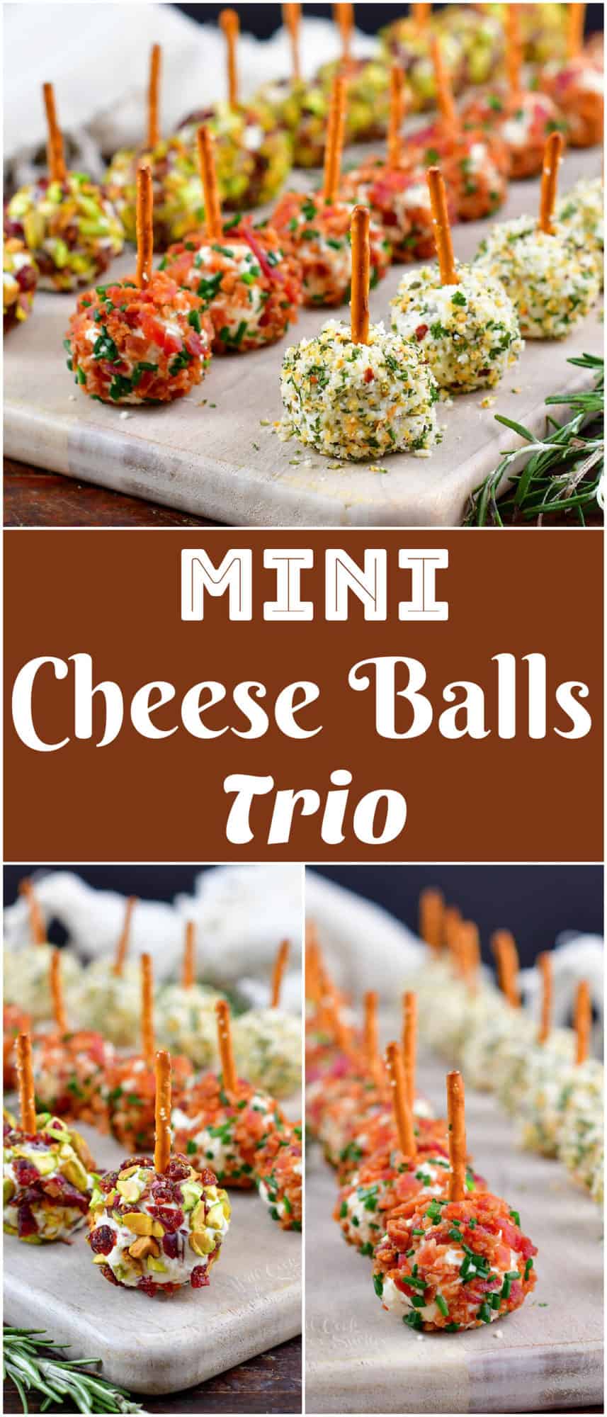 collage of mini cheese balls on the cutting board and closeups of individual ones