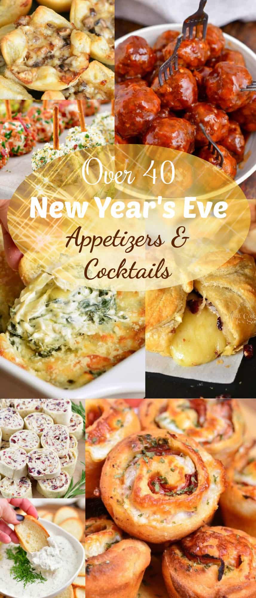 several new year's eve appetizers in a collage with title