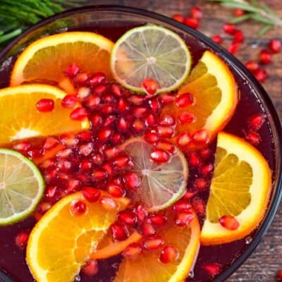 top view of the pomegranate punch in a punch bowl