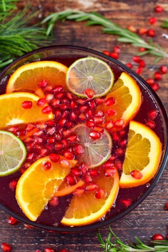 top view of the pomegranate punch in a punch bowl