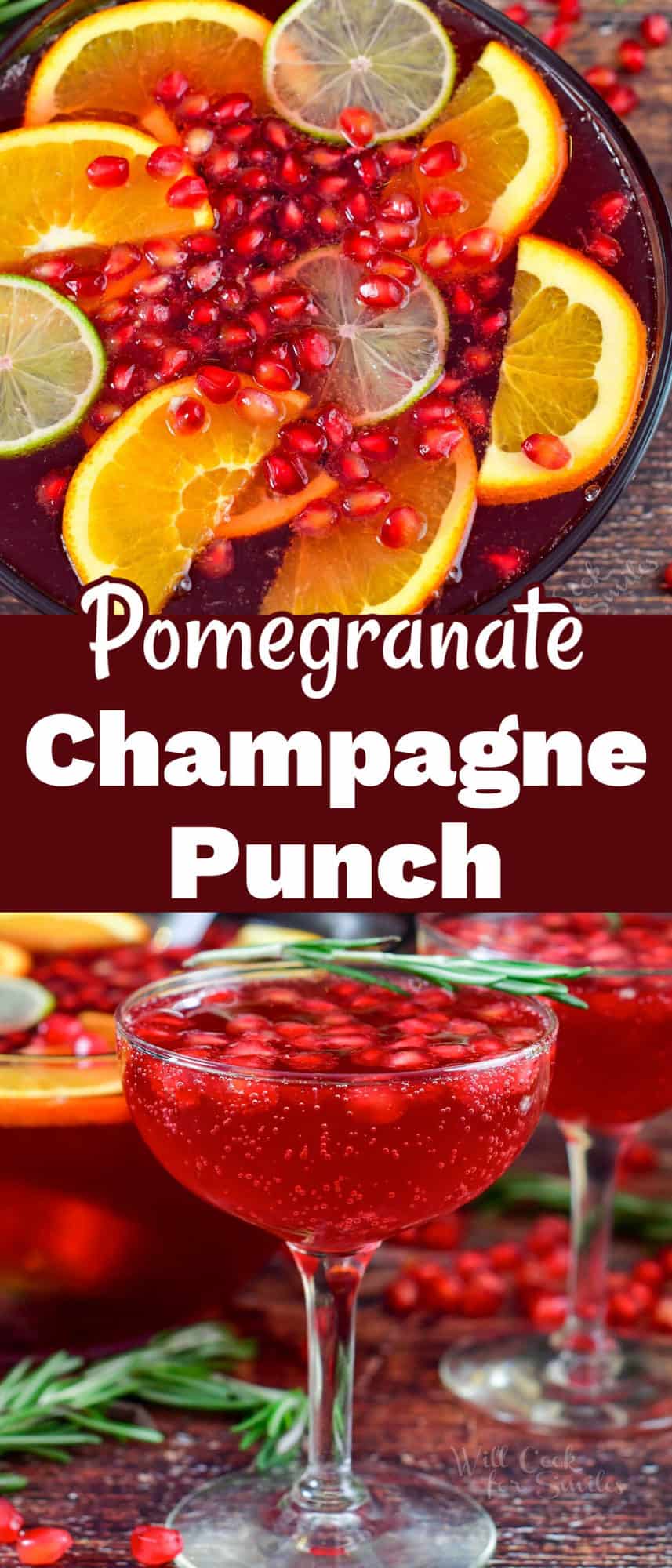collage of two images of pomegranate champagne punch and title