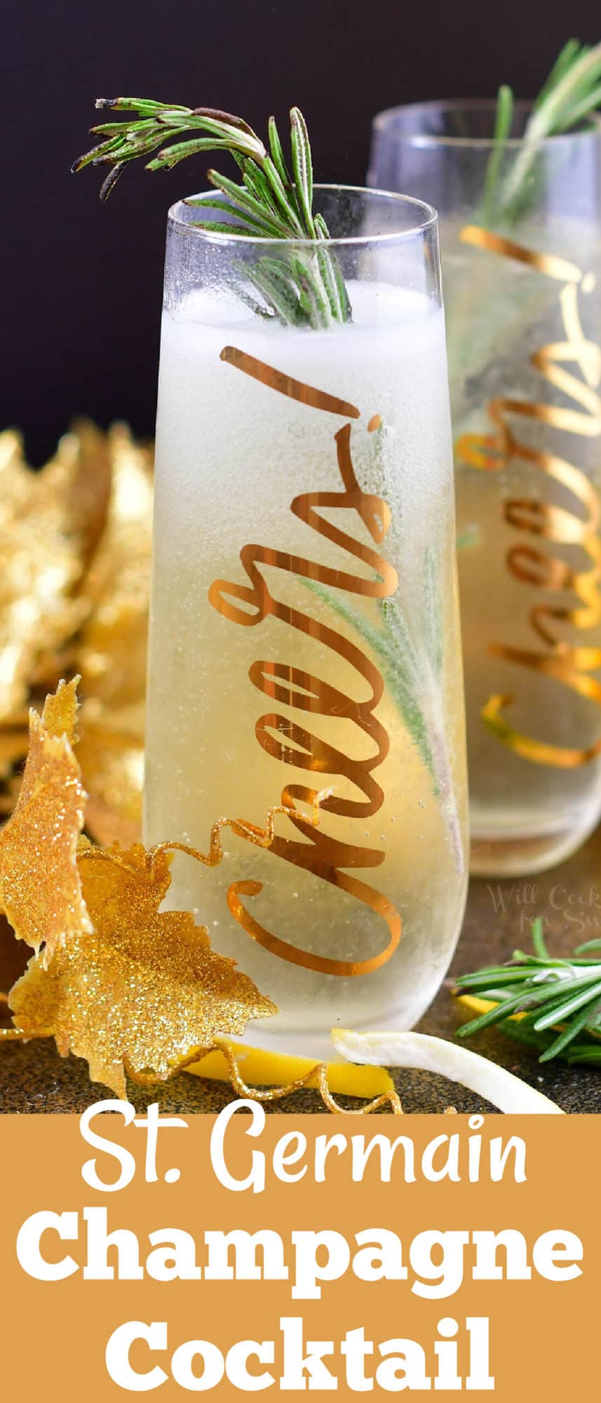 collage of tall champagne glass filled with cocktail and title