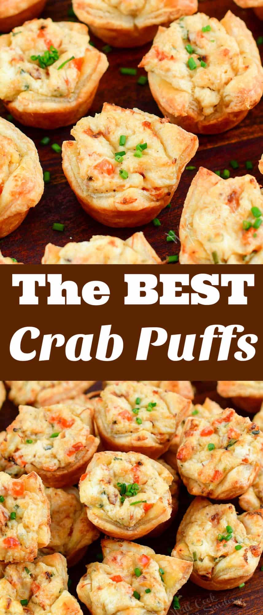 collage of two images of close up crab puffs and title