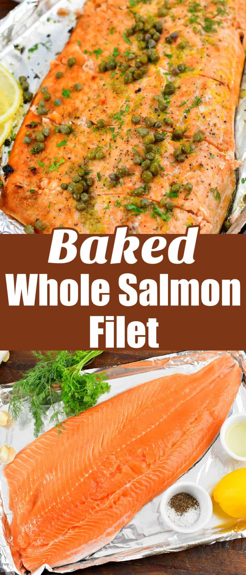 collage of two images of whole salmon filet and title