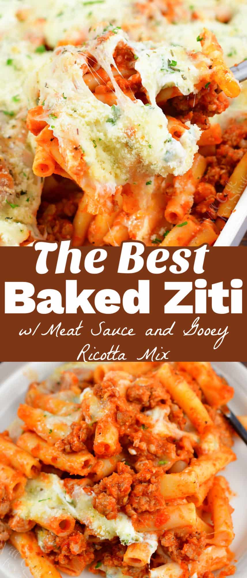 baked ziti collage of two images and a title