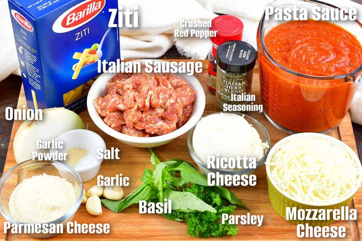 Labeled ingredients to make baked ziti on the cutting board.