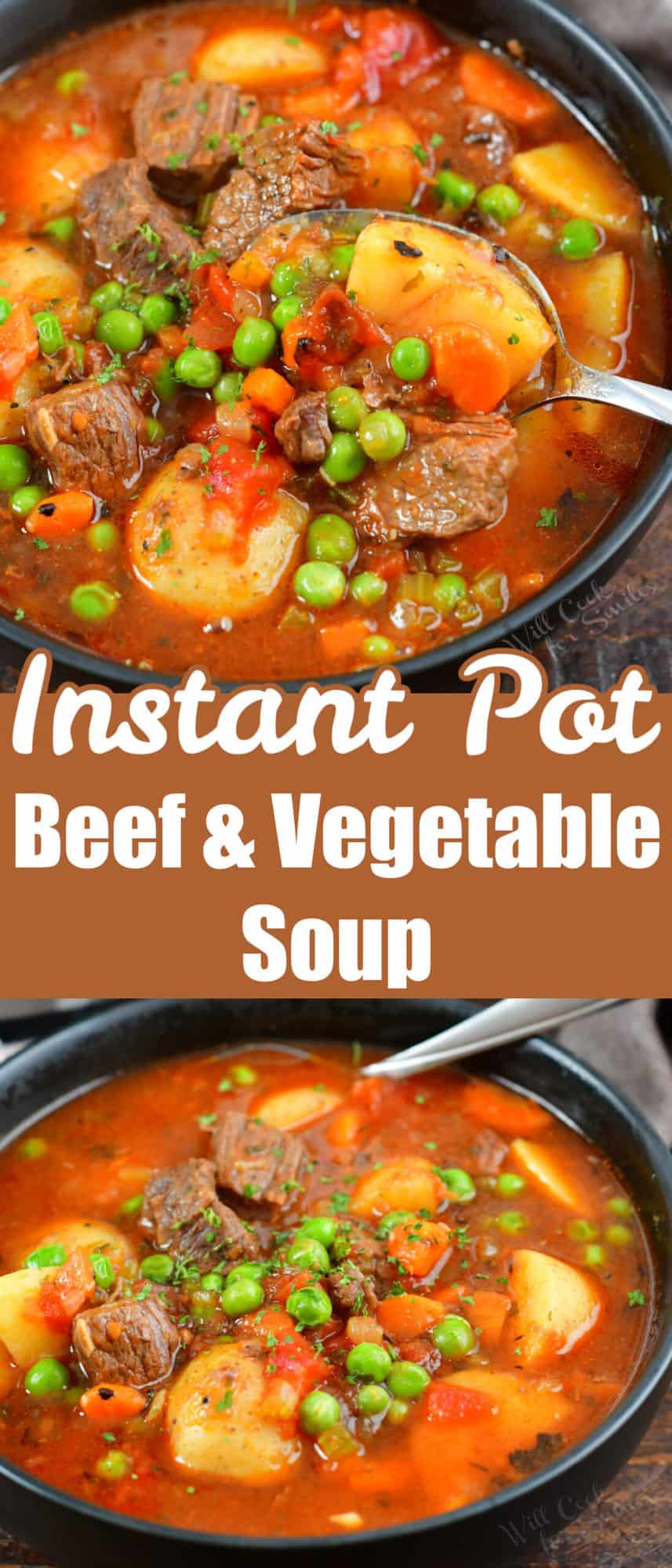 collage of two closeup images of beef vegetable soup with title