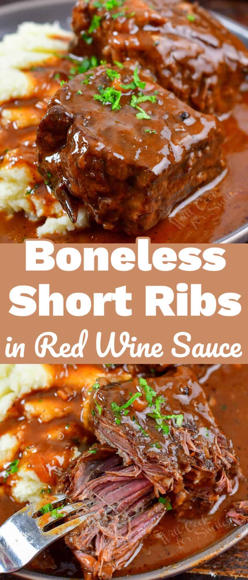 collage of two images of short ribs in red wine sauce on a plate