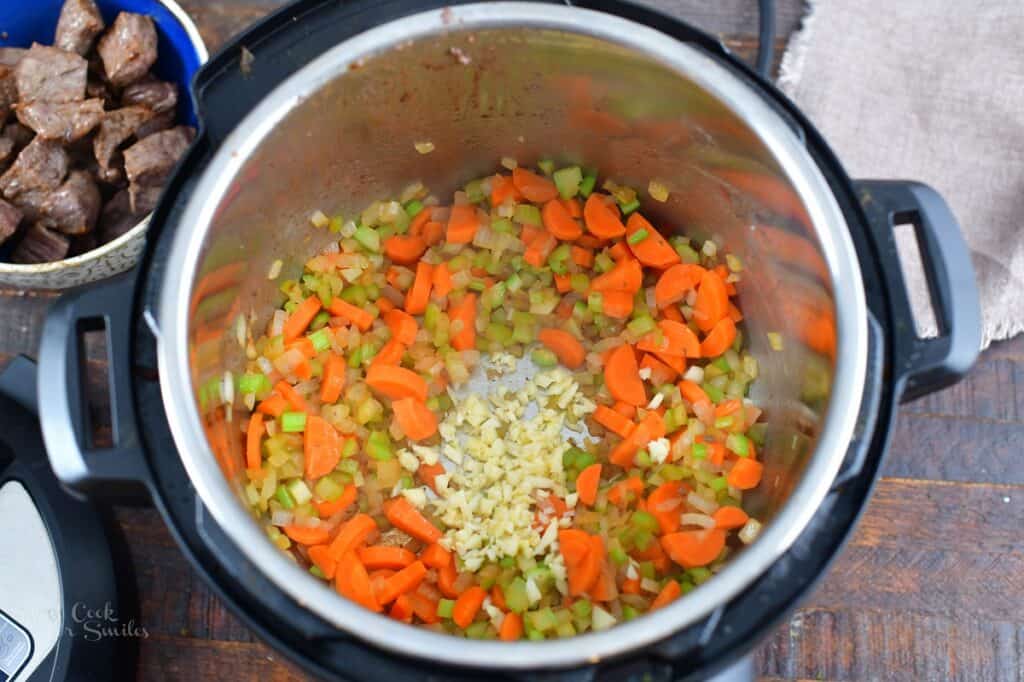 sautéed onion, celery and carrots with garlic added