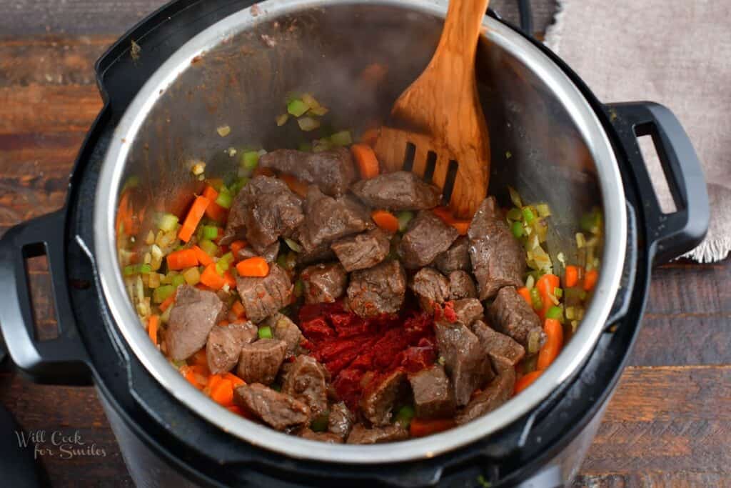 added tomato paste with beef and veggies