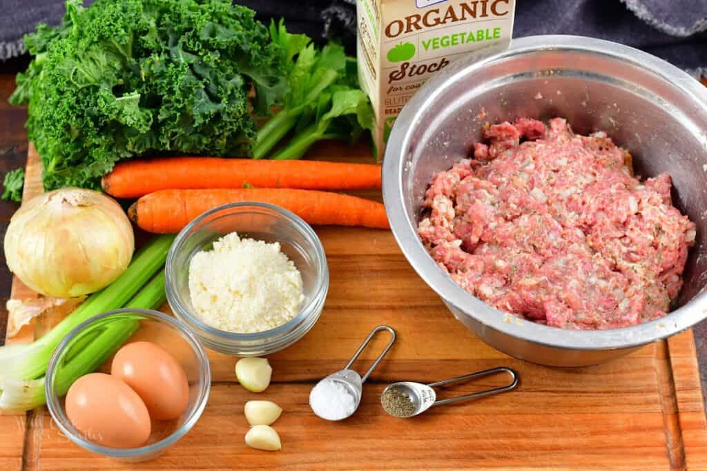 ingredients for the Italian wedding soup on cutting board