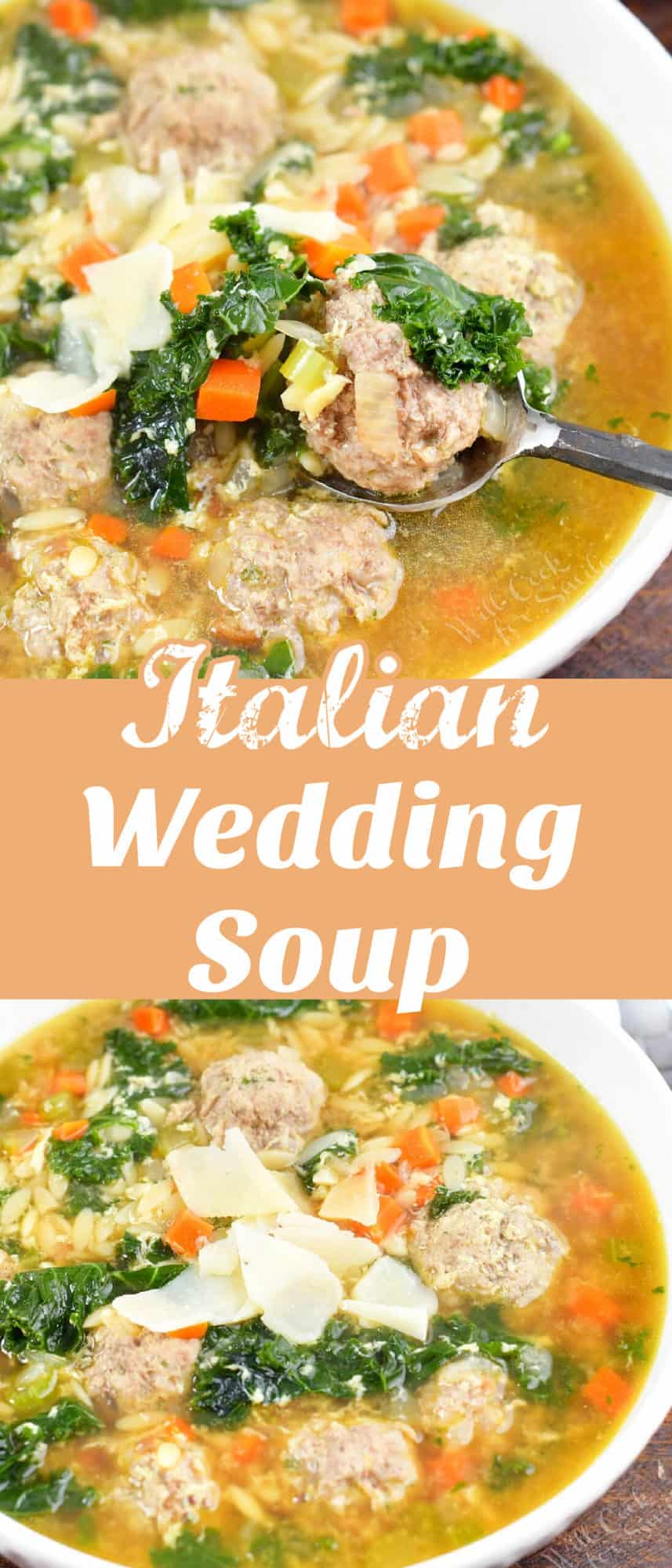 collage of two images of Italian wedding soup in a bowl