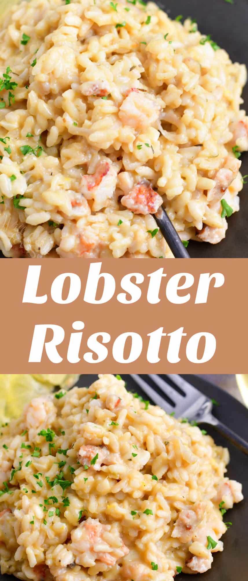 collage of two images of lobster risotto close up