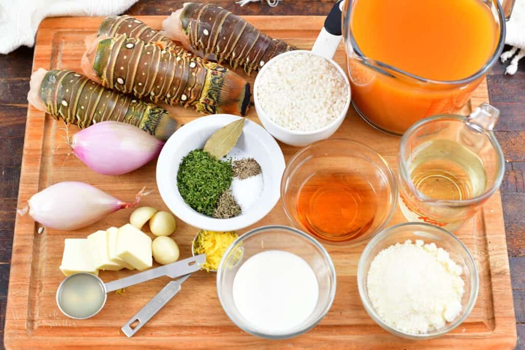ingredients for lobster risotto on the cutting board