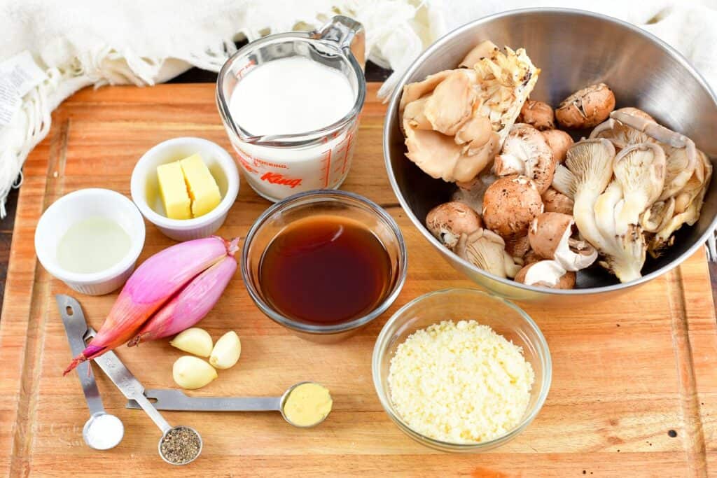 ingredients for mushroom sauce on the board