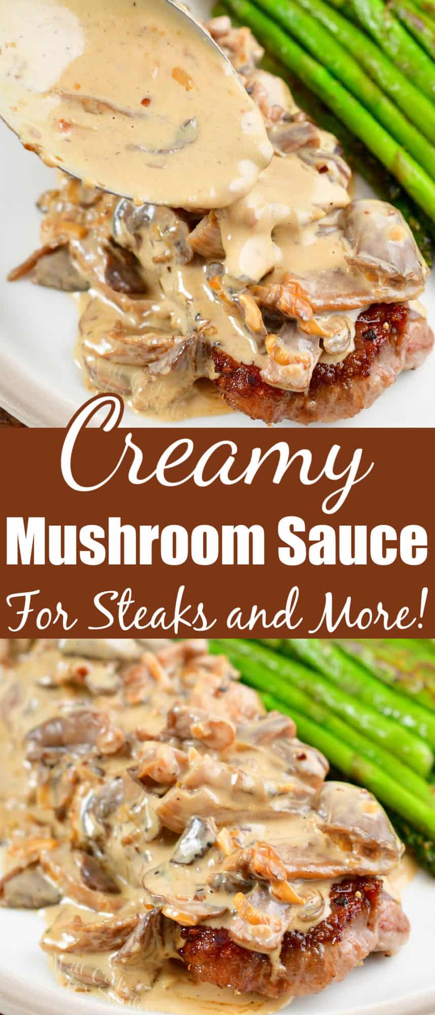 collage of two closeup images of mushrooms sauce on the steak and title