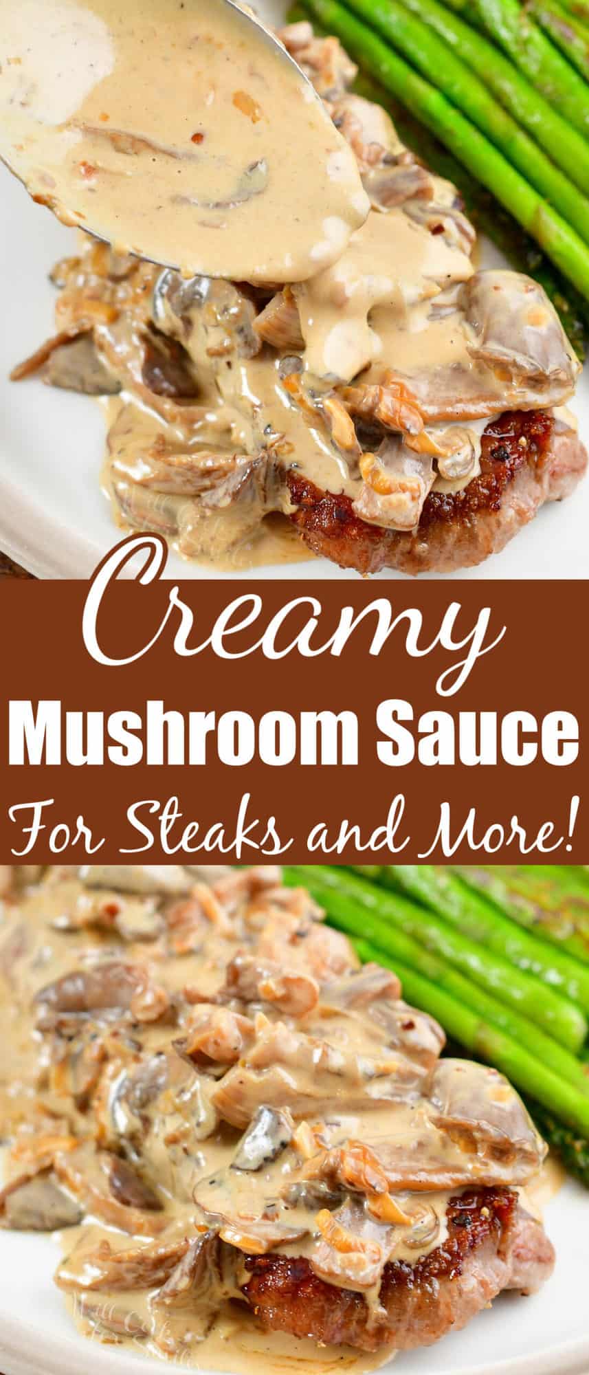 collage of two closeup images of mushrooms sauce on the steak and title
