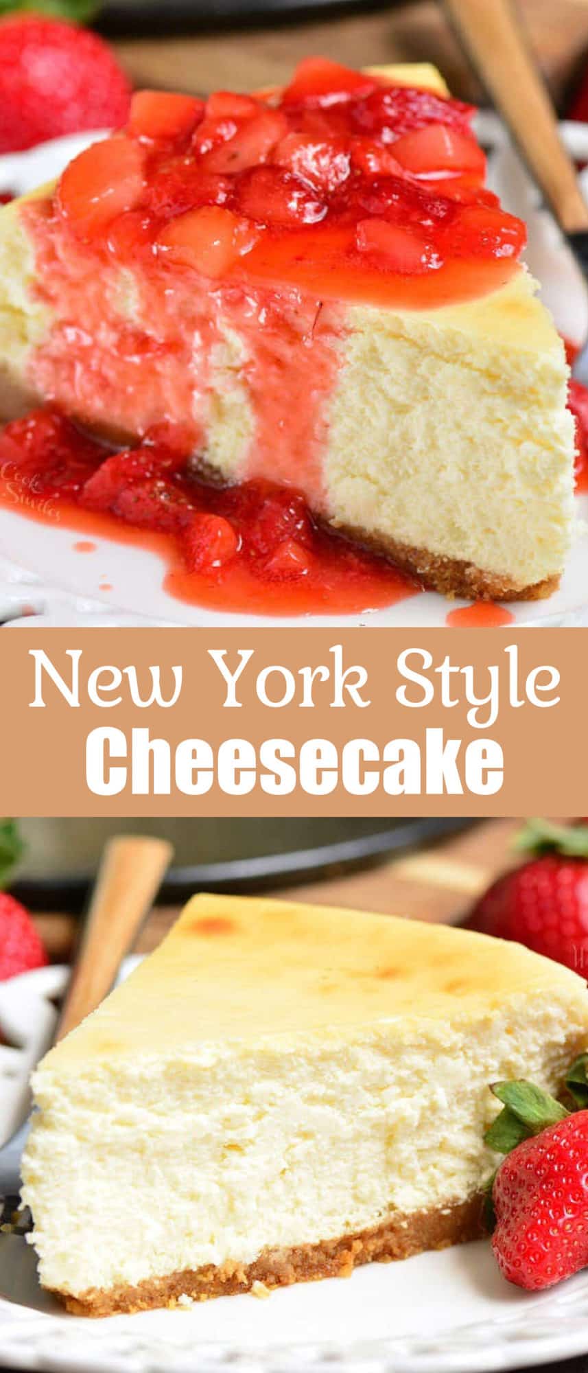 collage of two cheesecake images up close with and without topping