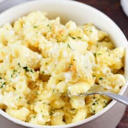 spooning mac and cheese out of a bowl with a fork