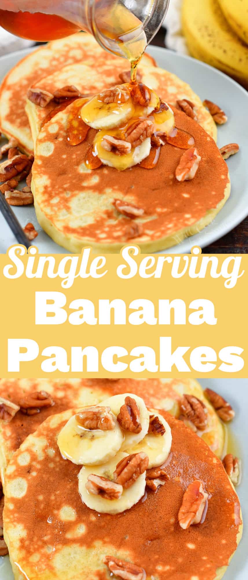 collage of two images of pouring sauce on pancakes and closeup of pancakes