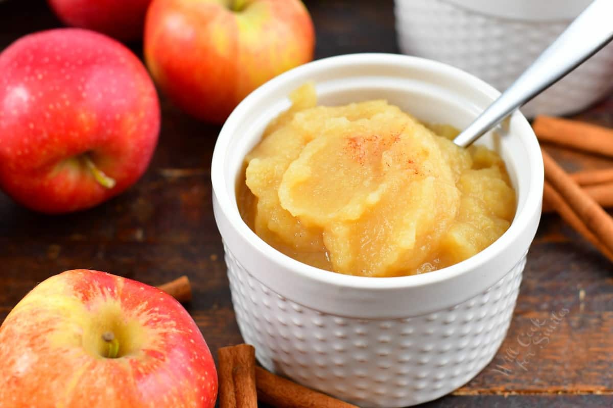 closeup of applesauce in a white cup