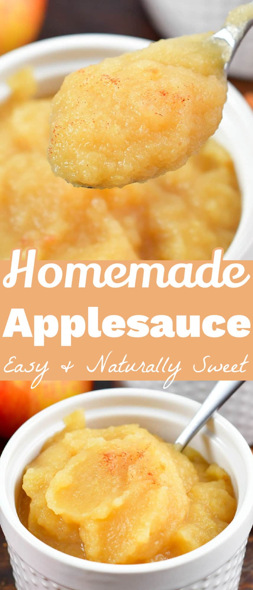 collage of two closeup applesauce images and title in the middle