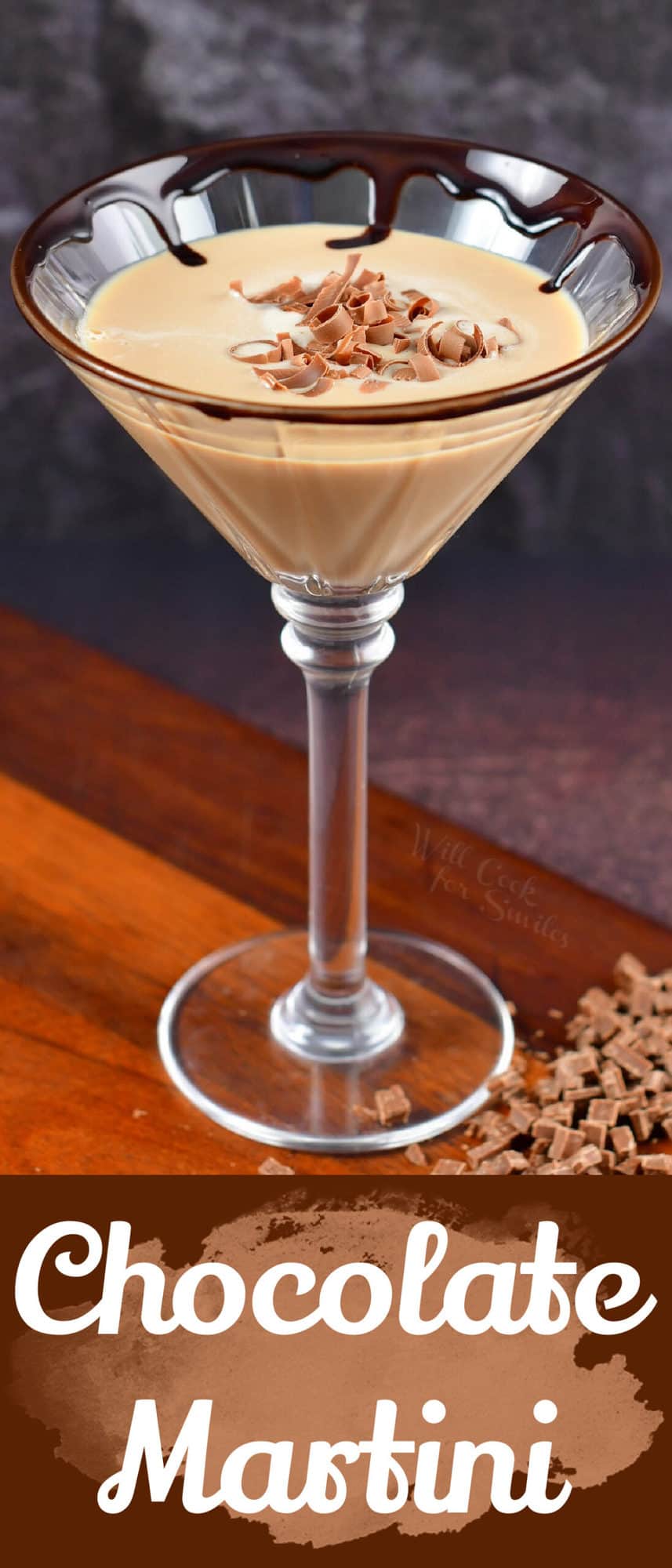 collage of closeup martini glass with chocolate martini and title