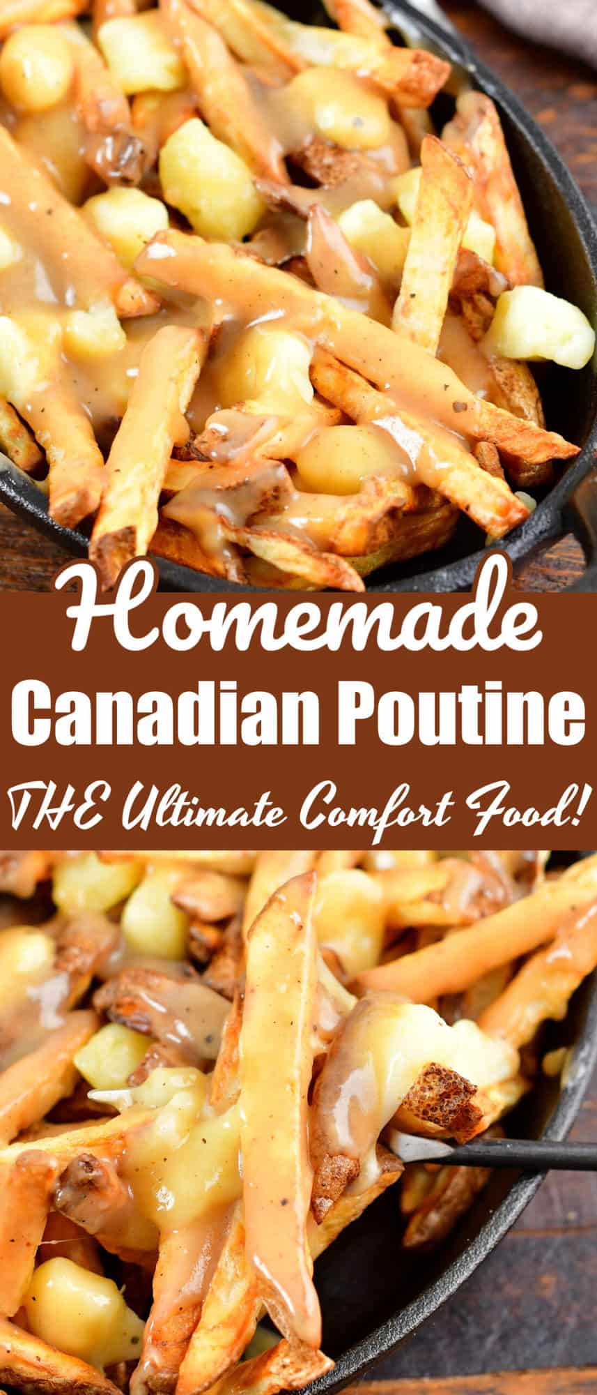 collage of two closeup pictures of poutine with title