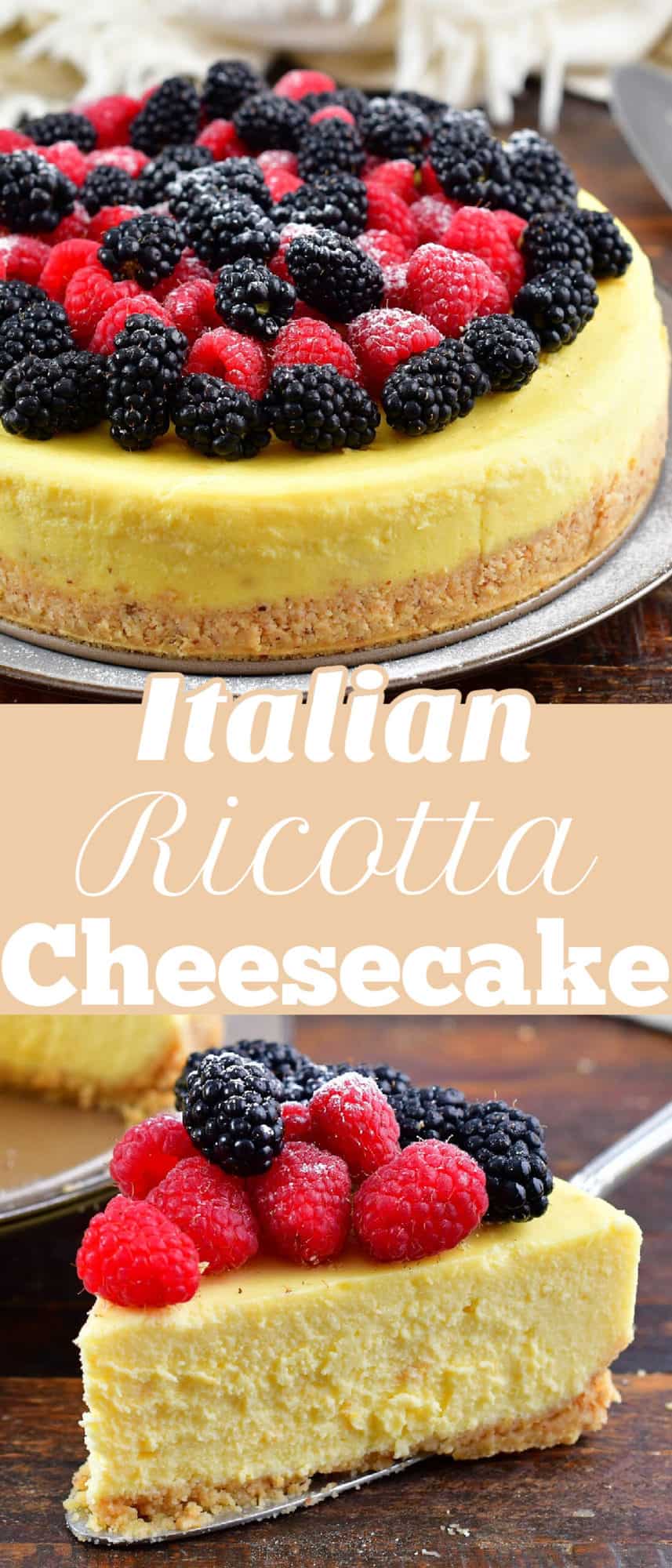 collage of two closeup images of whole ricotta cheesecake and a slice